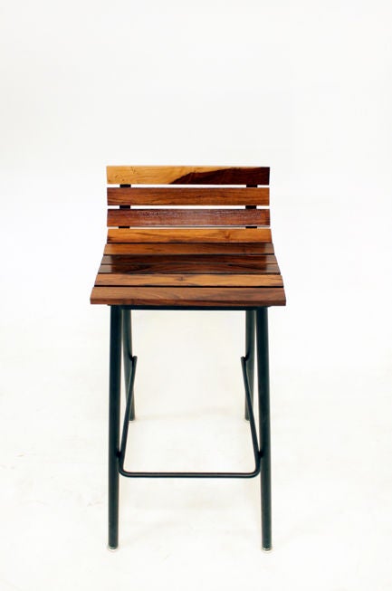 Pair of custom Slat Bar Stools in salvaged Rosewood by Thomas Hayes Studio In Excellent Condition In Hollywood, CA