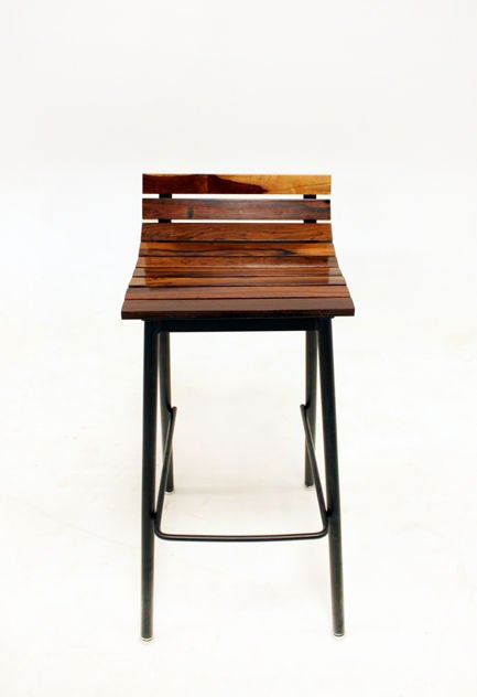Metal Pair of custom Slat Bar Stools in salvaged Rosewood by Thomas Hayes Studio