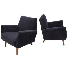 1960's walnut based blue mohair lounge chairs
