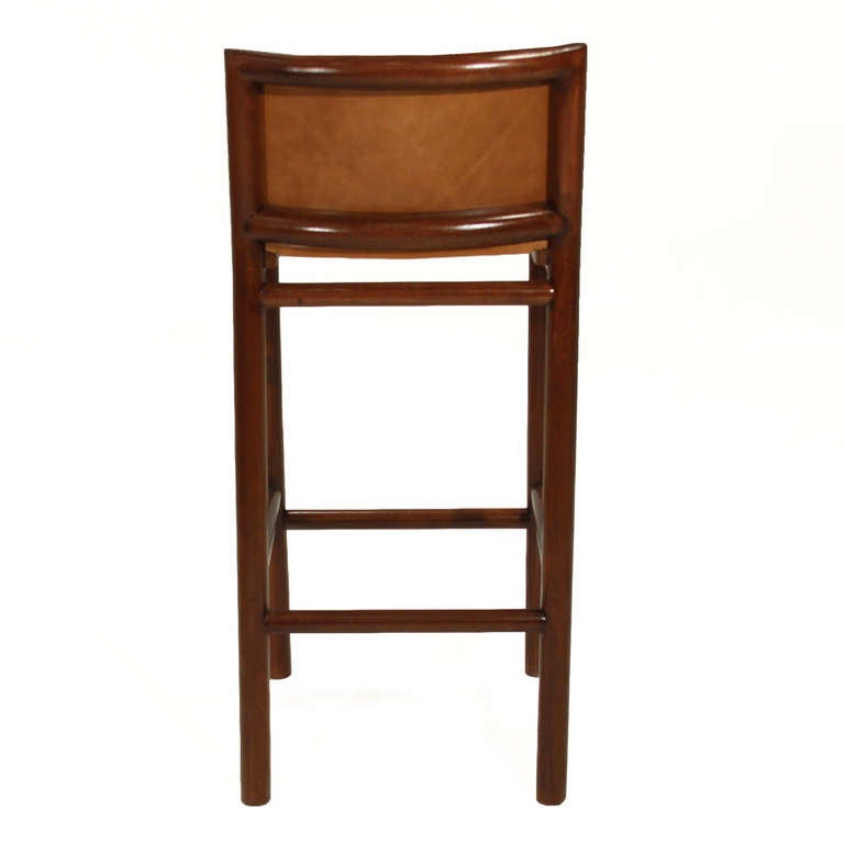 Mid-20th Century Pair of 2 Solid Bar Stools with Burnt Caramel Leather by Celina