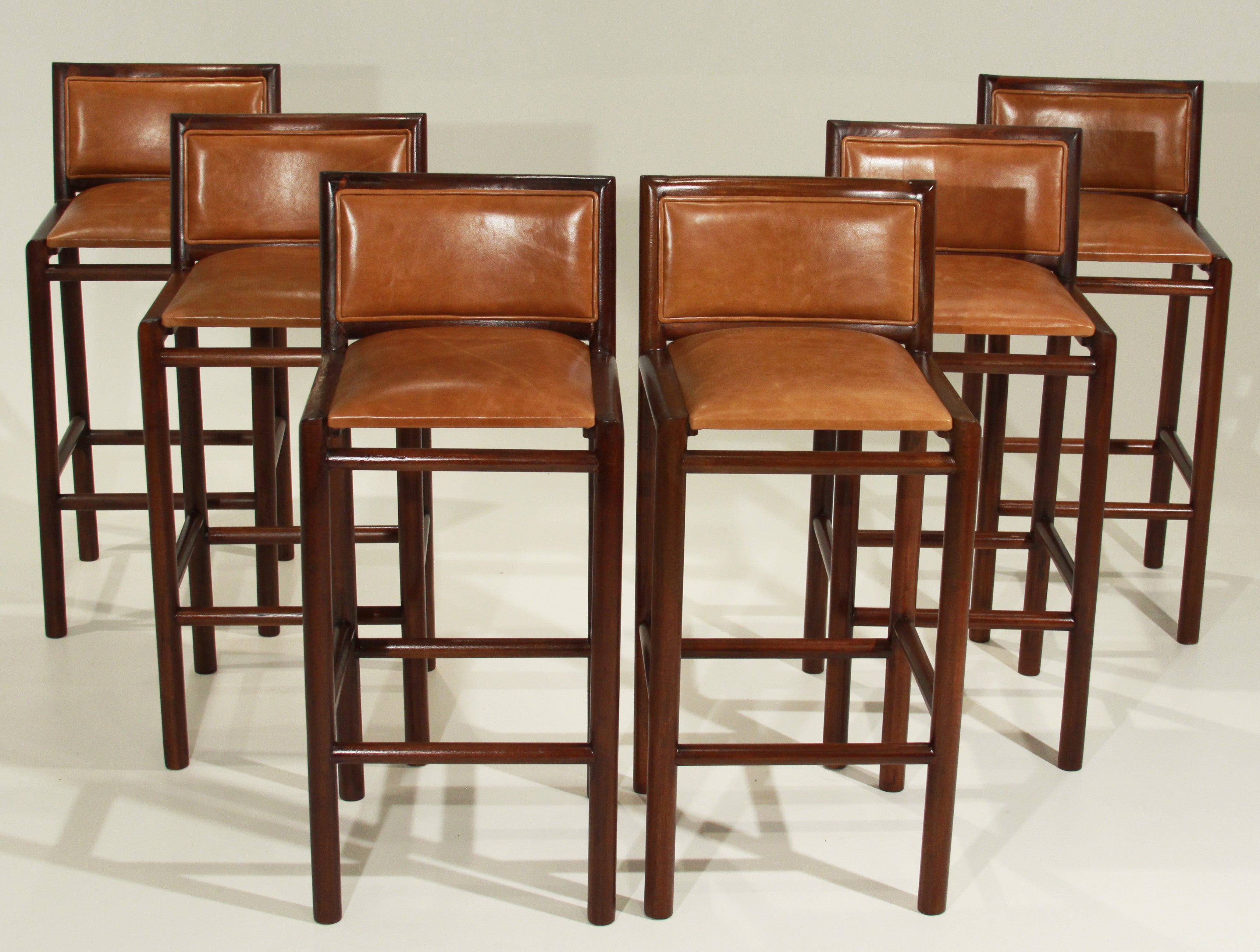 Pair of 2 Solid Bar Stools with Burnt Caramel Leather by Celina