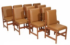 Set of 10 Pinho de Riga and Caramel leather dining chairs by Celina