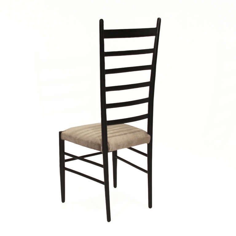 Wood Set of six Italian ladder back and silver silk mohair dining chairs