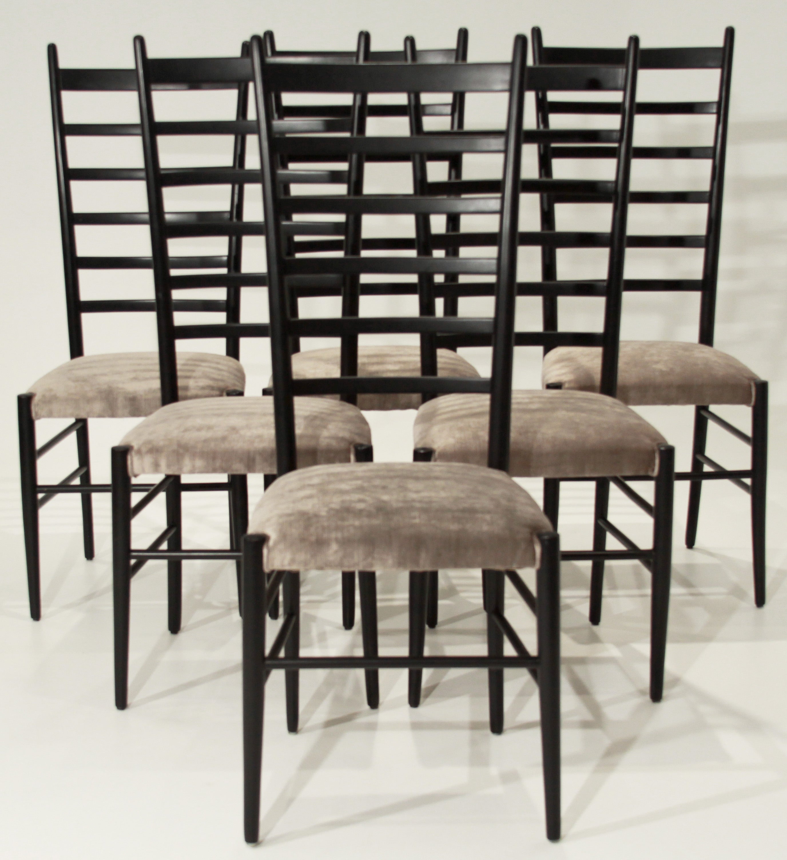Set of six Italian ladder back and silver silk mohair dining chairs