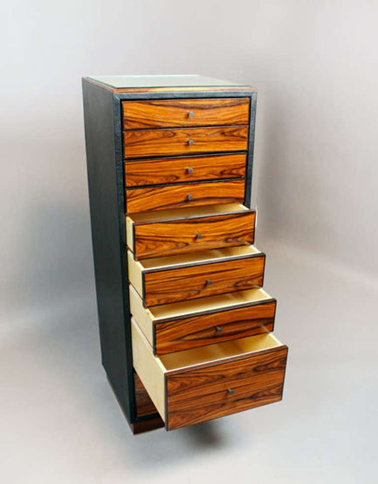 Rosewood, Leather and Glass Tall Jewelry Chest by Thomas Hayes Studio