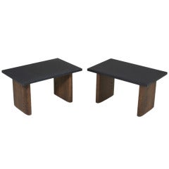 Pair of Solid Oak Side Tables with Black Granite Top