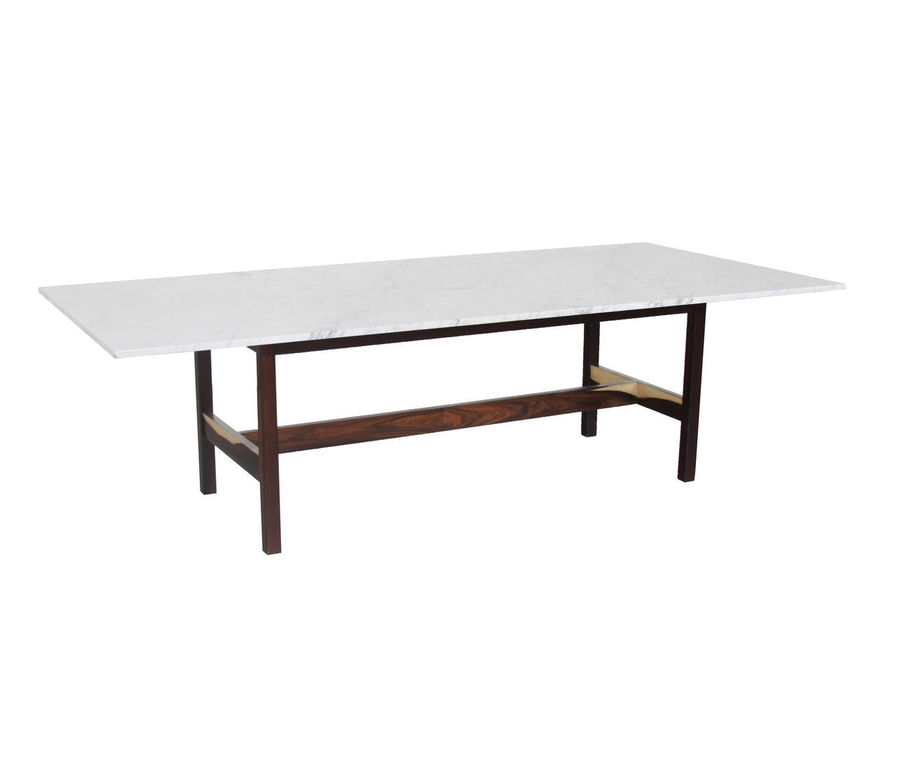 A simple and elegant vintage Brazilian Rosewood dining table with Carrara Marble Top.

Many pieces are stored in our warehouse, so please click on CONTACT DEALER under our logo below to find out if the pieces you are interested in seeing are on