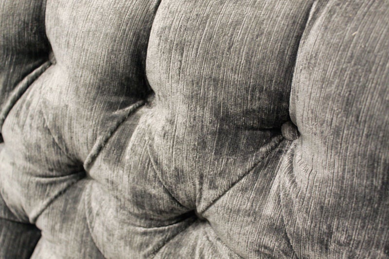 Milo Baughman silver silk velvet button tufted sofa 1