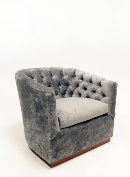 American Milo Baughman silver silk velvet button tufted lounge chairs.