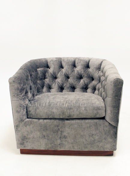 Mid-20th Century Milo Baughman silver silk velvet button tufted lounge chairs.