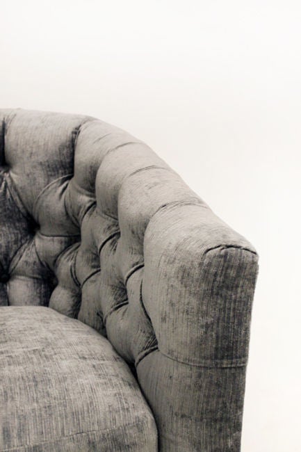Milo Baughman silver silk velvet button tufted lounge chairs. 1