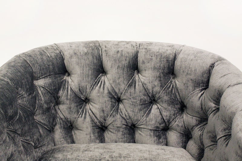 Milo Baughman silver silk velvet button tufted lounge chairs. 2