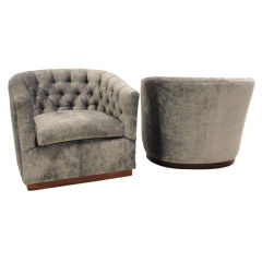 Milo Baughman silver silk velvet button tufted lounge chairs.