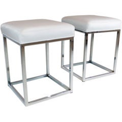 Pair of white leather and chrome stools by Milo Baughman