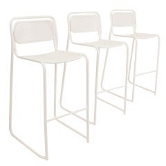 Set of Three Tubular White Iron Bar Stools, California Design Set of Three Tubular White Iron Bar Stools, California Design