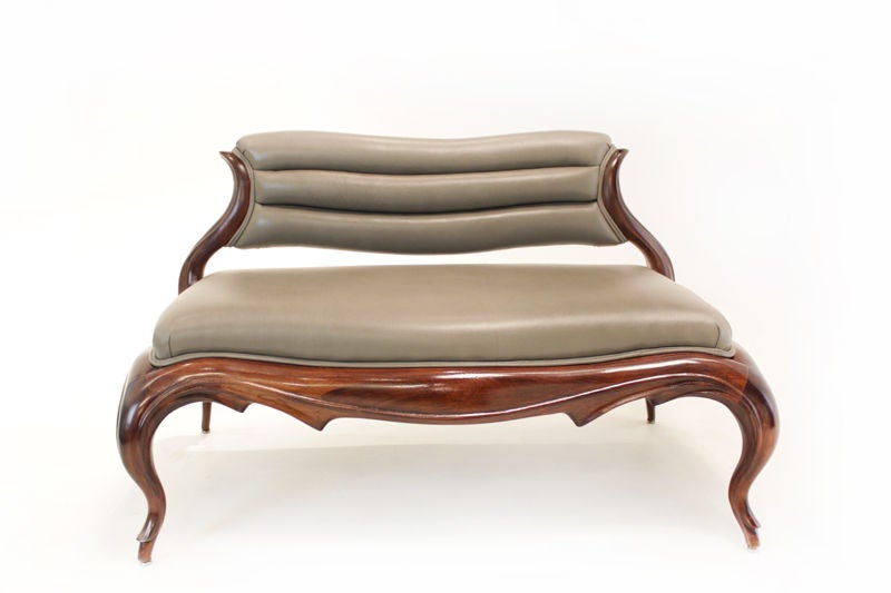 American Beautiful Solid Walnut and Grey Leather Settee by Ray Leach