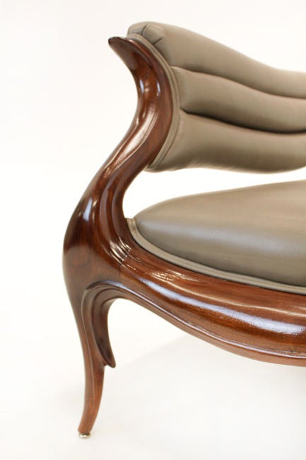 Beautiful Solid Walnut and Grey Leather Settee by Ray Leach 4