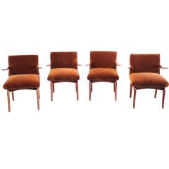 Set of four walnut dining chairs in brown mohair by Ray Leach