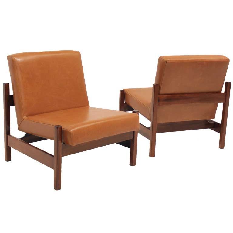 Pair of Knoll Peroba and Leather Lounge Chairs for Forma Brazil