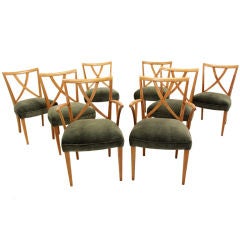 Set set eight Paul Frankl dining chairs in green mohair