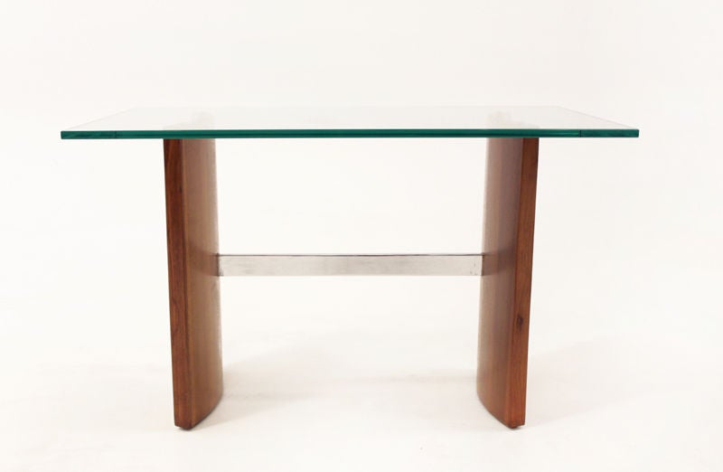 American Pair of Glass, Chrome, Staved Teak Side Tables with Curved Legs For Sale