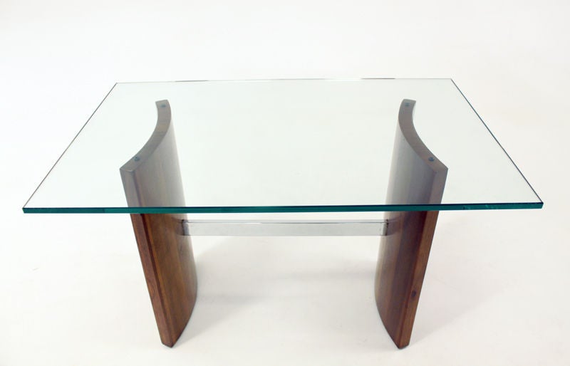 Pair of Glass, Chrome, Staved Teak Side Tables with Curved Legs For Sale 1