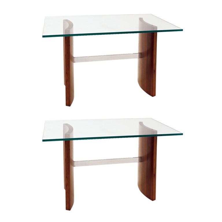 Pair of Glass, Chrome, Staved Teak Side Tables with Curved Legs For Sale