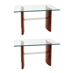 Pair of Glass, Chrome, Staved Teak Side Tables with Curved Legs