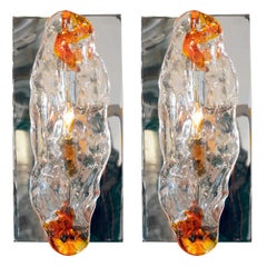Vintage Murano Flame Art Glass Shade and Nickel Wall Sconces