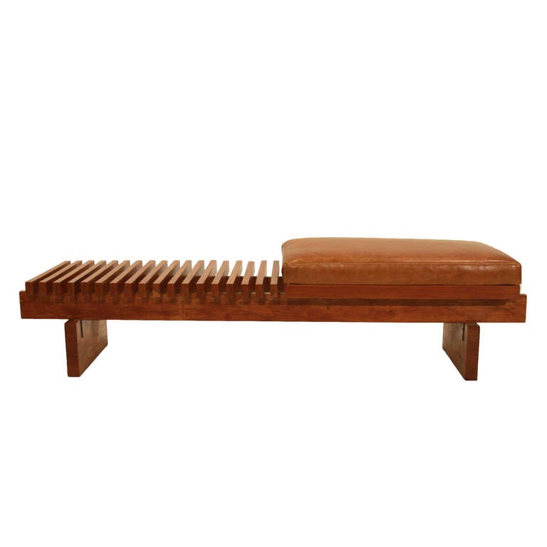 Brazilian Slatted solid Caviuna bench with leather seat and solid wood base