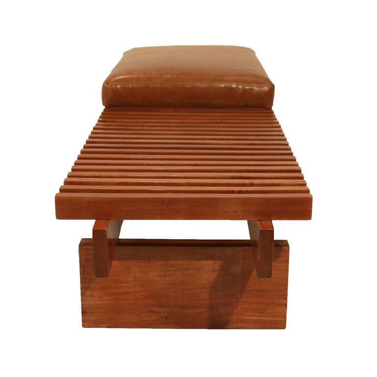 Leather Slatted solid Caviuna bench with leather seat and solid wood base