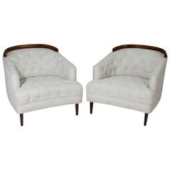 Mid-Century Classic Tufted Cream Linen and Sculptural Mahogany Armchairs