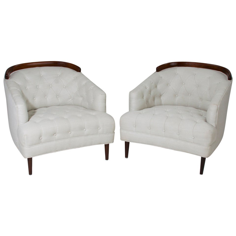 Mid-Century Classic Tufted Cream Linen and Sculptural Mahogany Armchairs For Sale