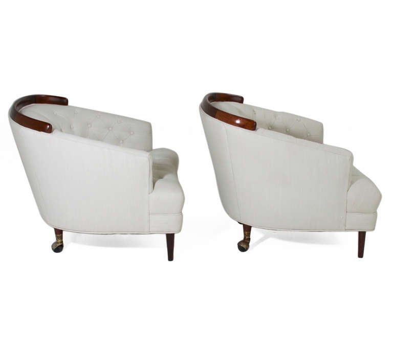 Mid-Century Modern Mid-Century Classic Tufted Cream Linen and Sculptural Mahogany Armchairs For Sale