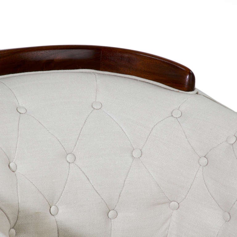 Mid-20th Century Mid-Century Classic Tufted Cream Linen and Sculptural Mahogany Armchairs For Sale