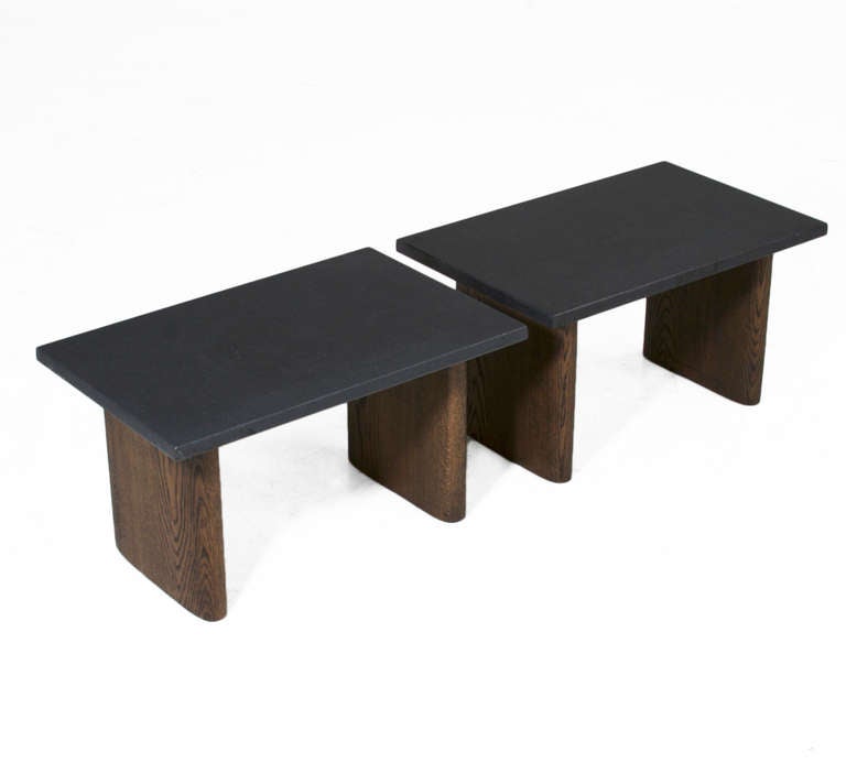 American Pair of Solid Oak Side Tables with Black Granite Top