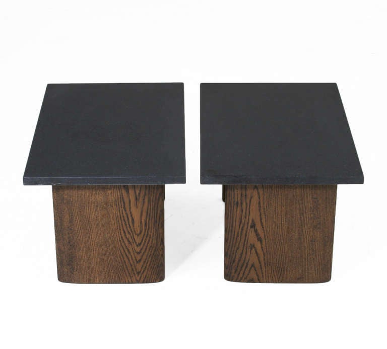 Pair of Solid Oak Side Tables with Black Granite Top In Good Condition In Hollywood, CA