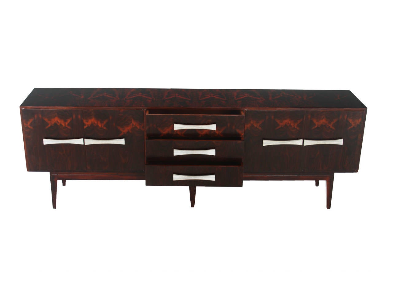 Narrow Rosewood Credenza with Blanched Oil Handles In Good Condition For Sale In Los Angeles, CA