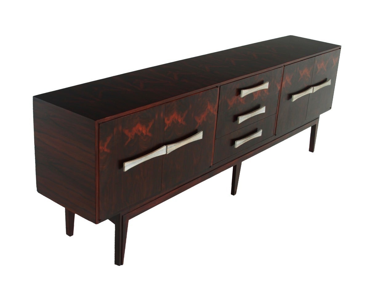Narrow Rosewood Credenza with Blanched Oil Handles For Sale