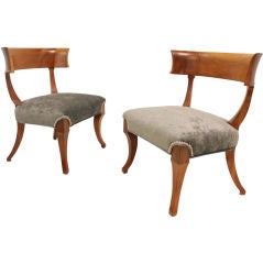 Pair of Walnut Klismos chairs in grey silk velvet