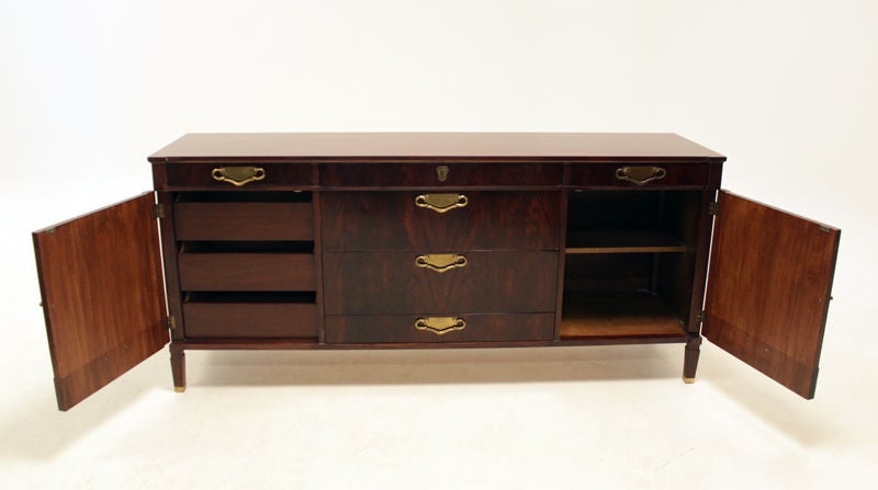 American Regency Walnut Credenza with Carved Doors & Solid Brass Hardware For Sale
