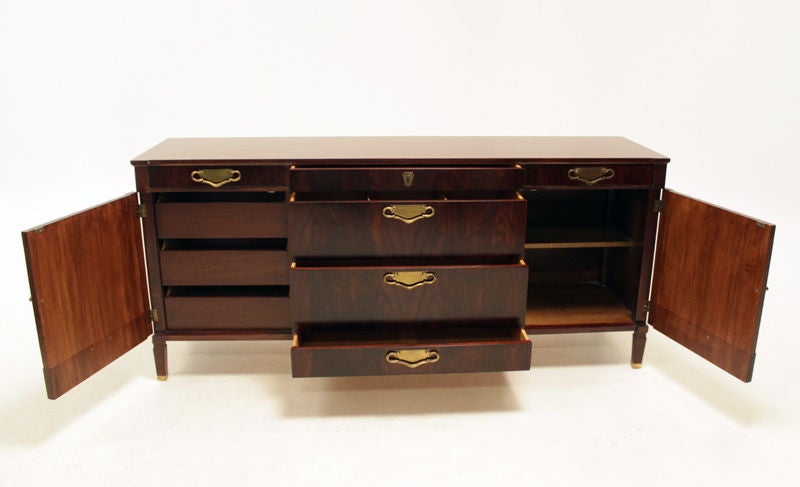 Mid-20th Century Regency Walnut Credenza with Carved Doors & Solid Brass Hardware For Sale