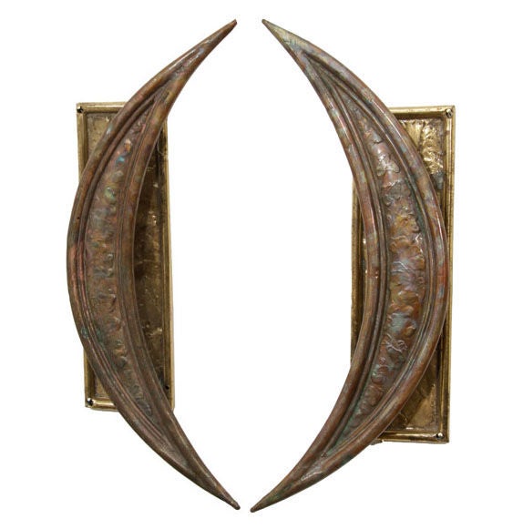 Paul Evans Style Vintage Pair of Brutalist Braised Brass Crescent Door Handles For Sale 3