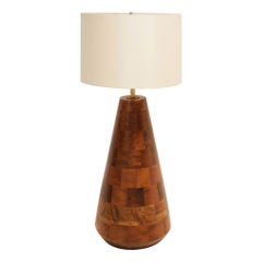Massive stack laminate  patchwork walnut lamp with silk shade