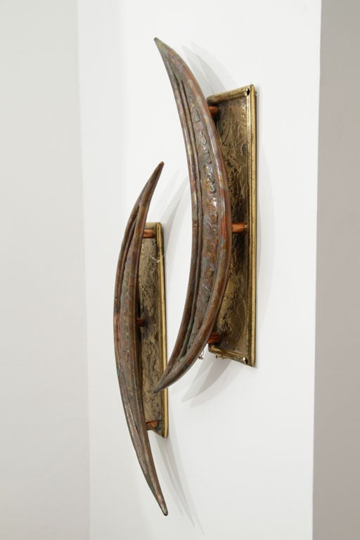 Late 20th Century Paul Evans Style Vintage Pair of Brutalist Braised Brass Crescent Door Handles For Sale
