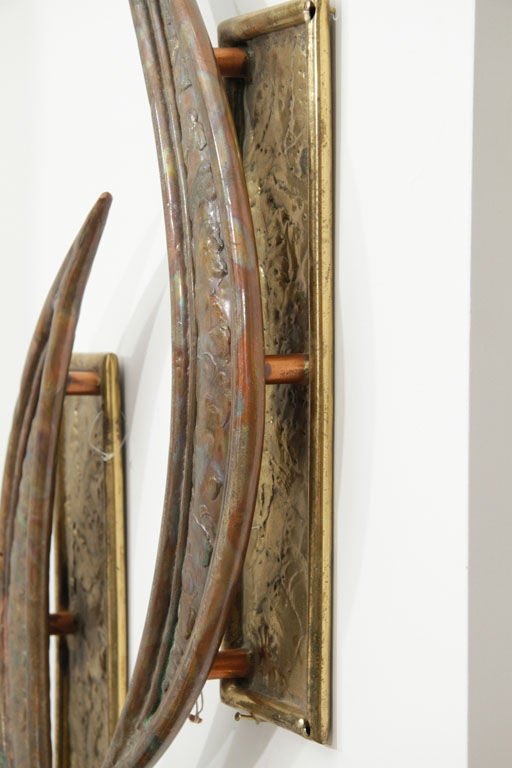 Paul Evans Style Vintage Pair of Brutalist Braised Brass Crescent Door Handles For Sale 1