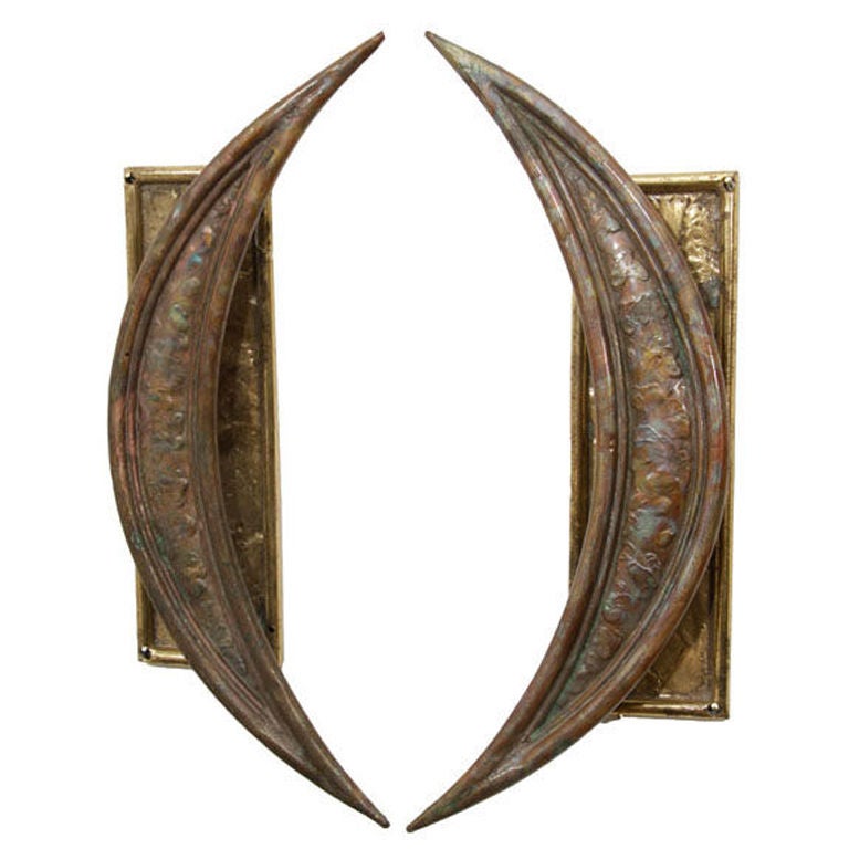 Paul Evans Style Vintage Pair of Brutalist Braised Brass Crescent Door Handles For Sale