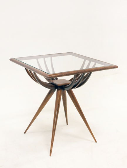 A square caviuna side table with sculptural legs and inset glass top. Elegant and sturdy despite its age and sculptural nature.<br />
Please see matching side table:<br />
http://www.1stdibs.com/furniture_item_detail.php?id=554407