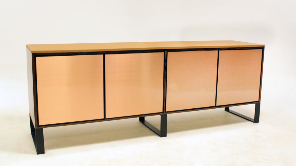 Custom Thomas Hayes Studio Rosewood and copper credenza with caramel leather top