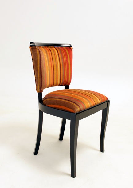 American Six Regency Ebonized Wood Tulip Back Dining Chairs in Striped Mohair For Sale